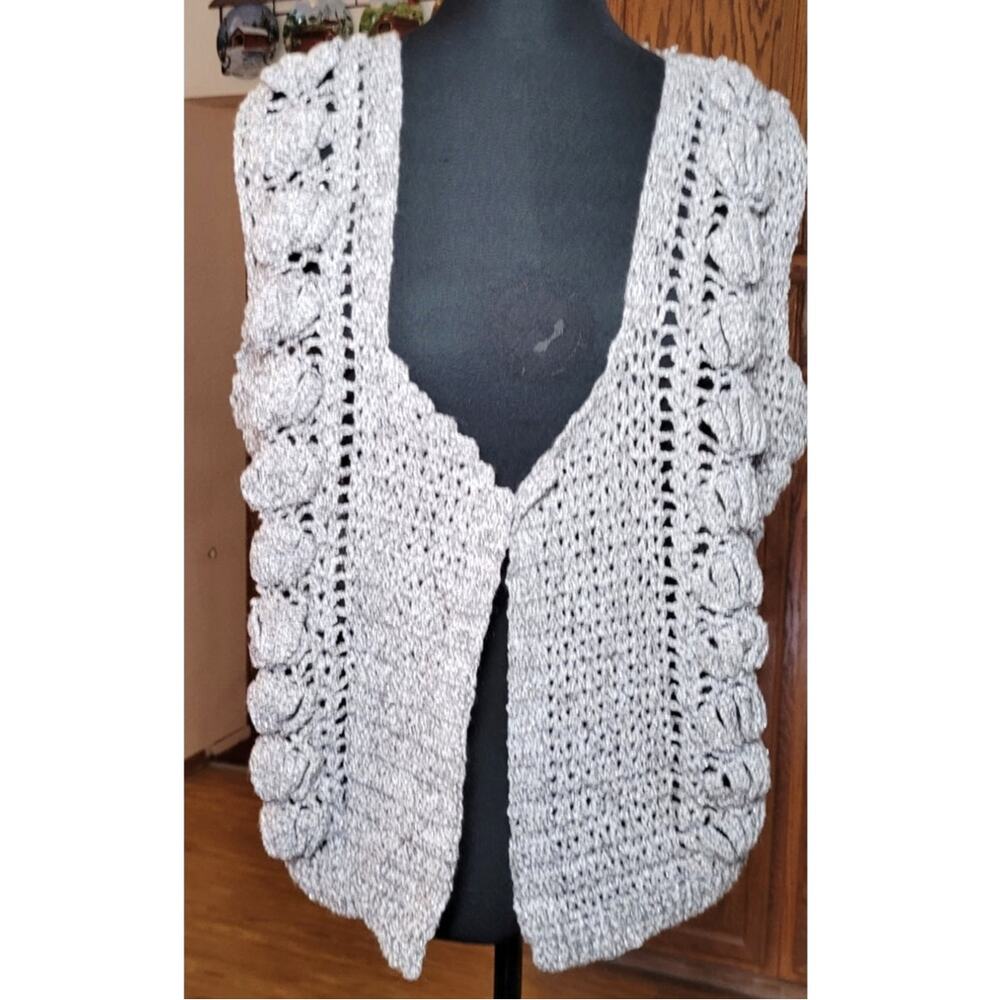 Womens Crocheted Vest Grey Metallic Open Front Boho Granny Cottage L XL